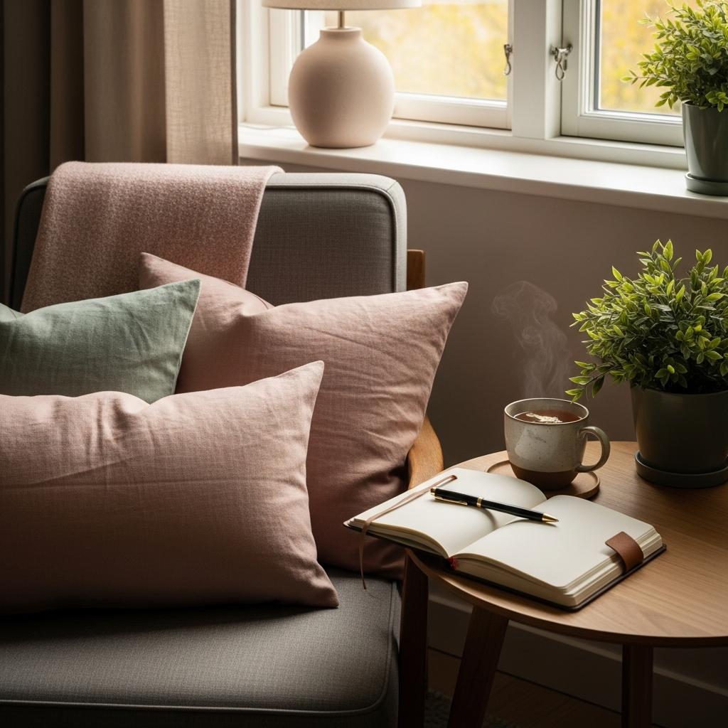 En lugn läshörna med journal och te