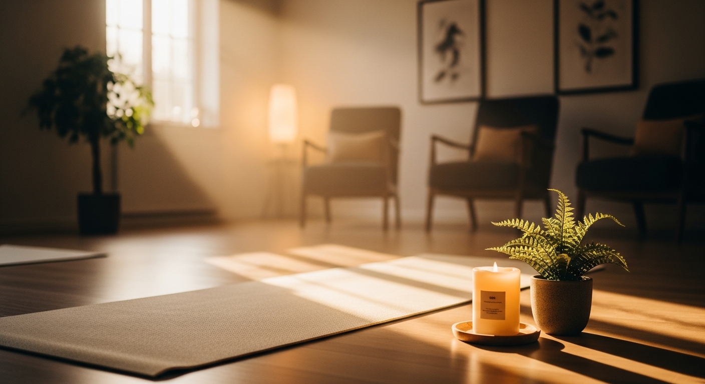 Lugnt rum med yogamatta och levande ljus